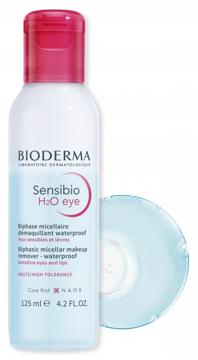 BIODERMA product photo, Sensibio H2O Eye 125 ml. Eyes Makeup Remover & Micellar Water for Eyelips & Lips. Cleanses waterproof make-up, moisturizes sensitive skin & reinforces eye contour & eyelashes.